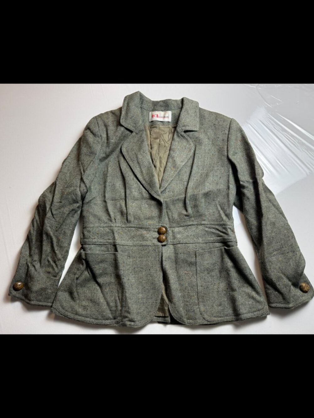 Vintage KL Karl Lagerfeld Virgin Wool Tweed Blazer Green Peplum West Germany